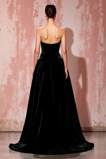 Black Strapless A Line Velvet Long Formal Dress